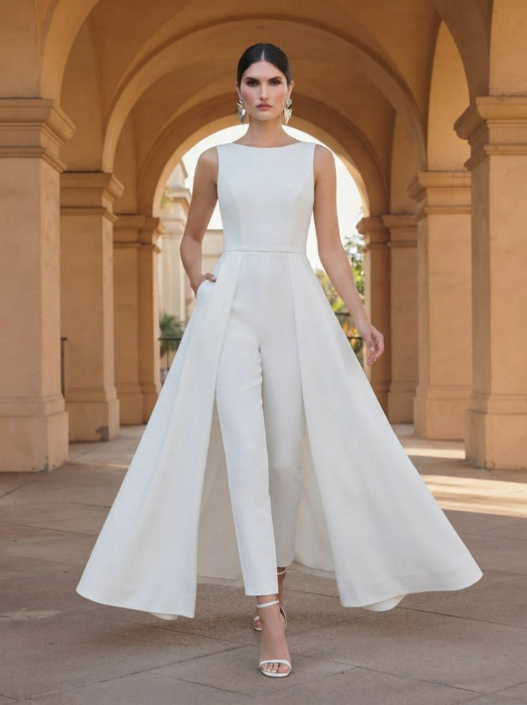 Satin Jumpsuit Crew Neck Evening Dresses with Overskirt