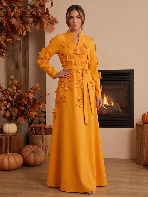 A-Line Stand Collar Maxi Evening Dresses Evening Gown with 3D Flowers