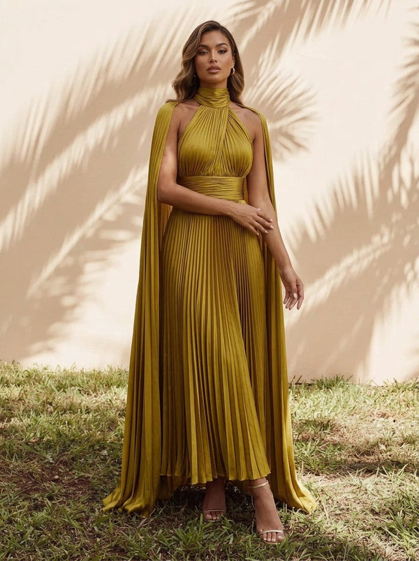 Metallic Foil Chiffon A-Line Halter Evening Dresses with Caps