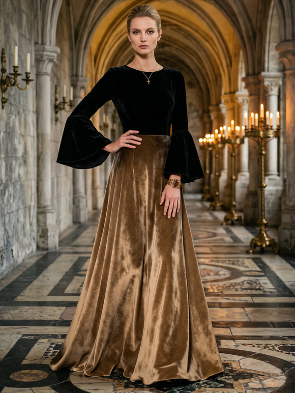 Velvet A-Line Crew Neck Evening Dresses with Vintage Wide Bell Long Sleeves