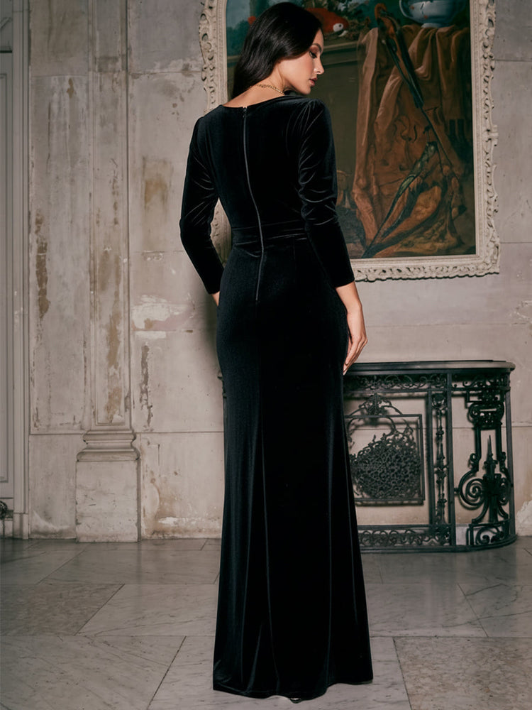 Velvet Mermaid Crew Neck Evening Dresses with Side Waist Ruched Shaping Detail