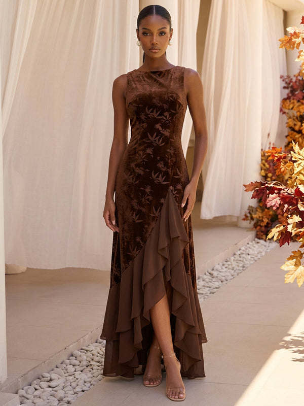Burnout Velvet A-Line Boat Neck Evening Dresses with Ruffles