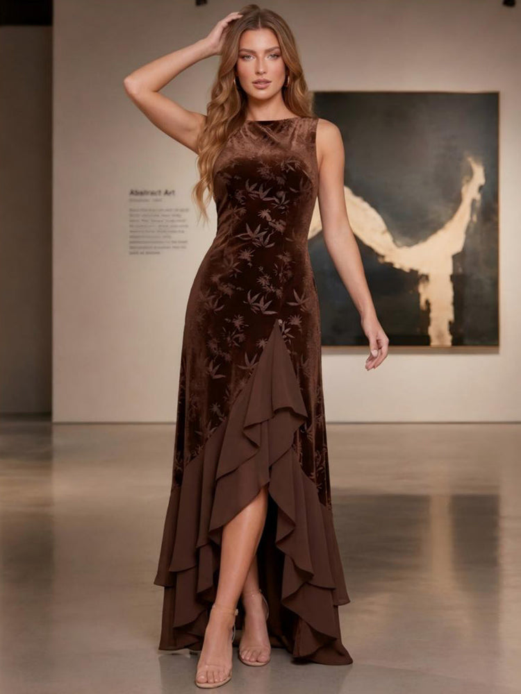 Burnout Velvet A-Line Boat Neck Evening Dresses with Ruffles