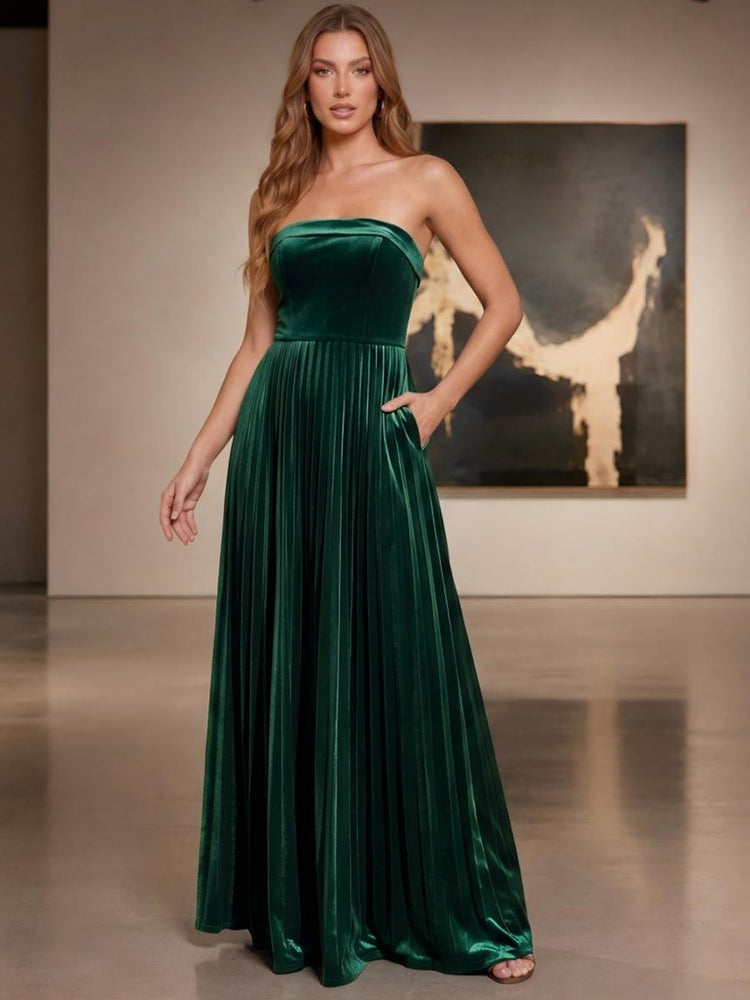 Velvet A-Line Strapless Evening Dresses with Delicate Pleated