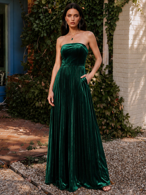 Velvet A-Line Strapless Evening Dresses with Delicate Pleated