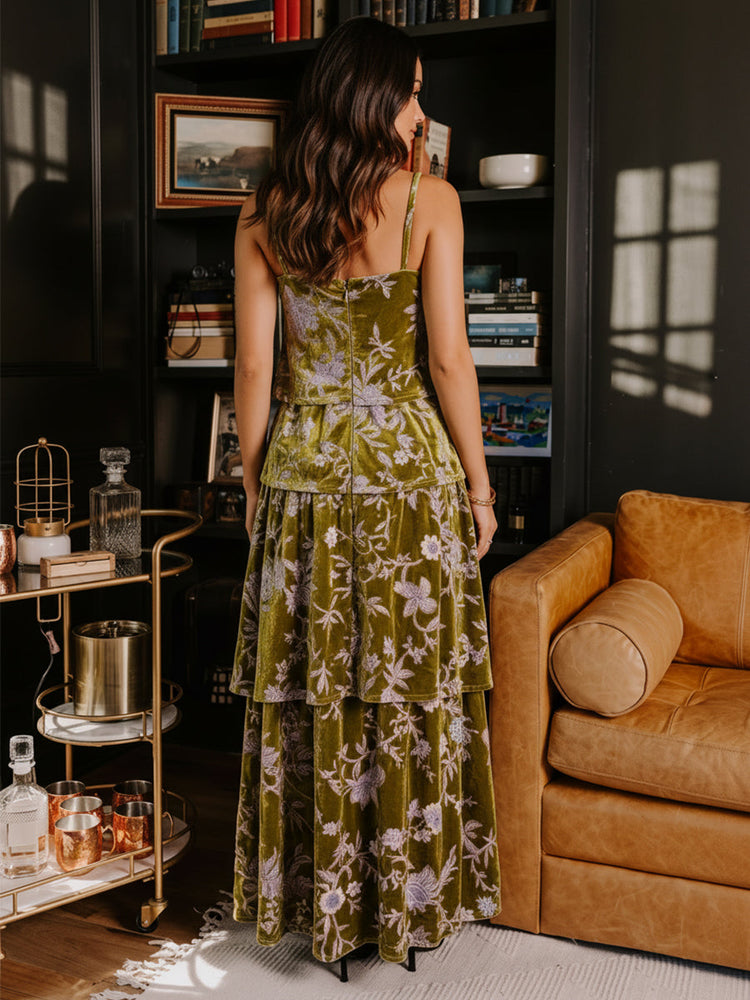 Burnout Velvet A-Line Spaghetti Straps Evening Dresses with Ruffles