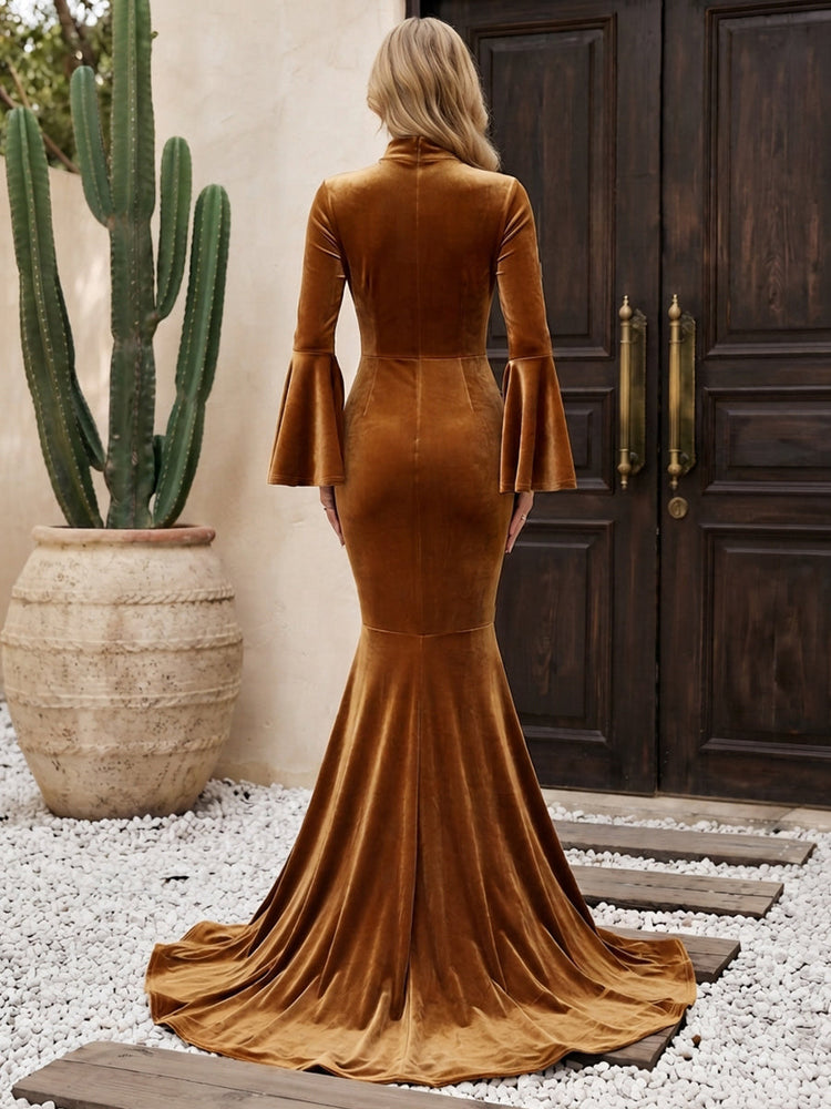 Velvet Mermaid High Neck Evening Dresses with Vintage Wide Bell Long Sleeves