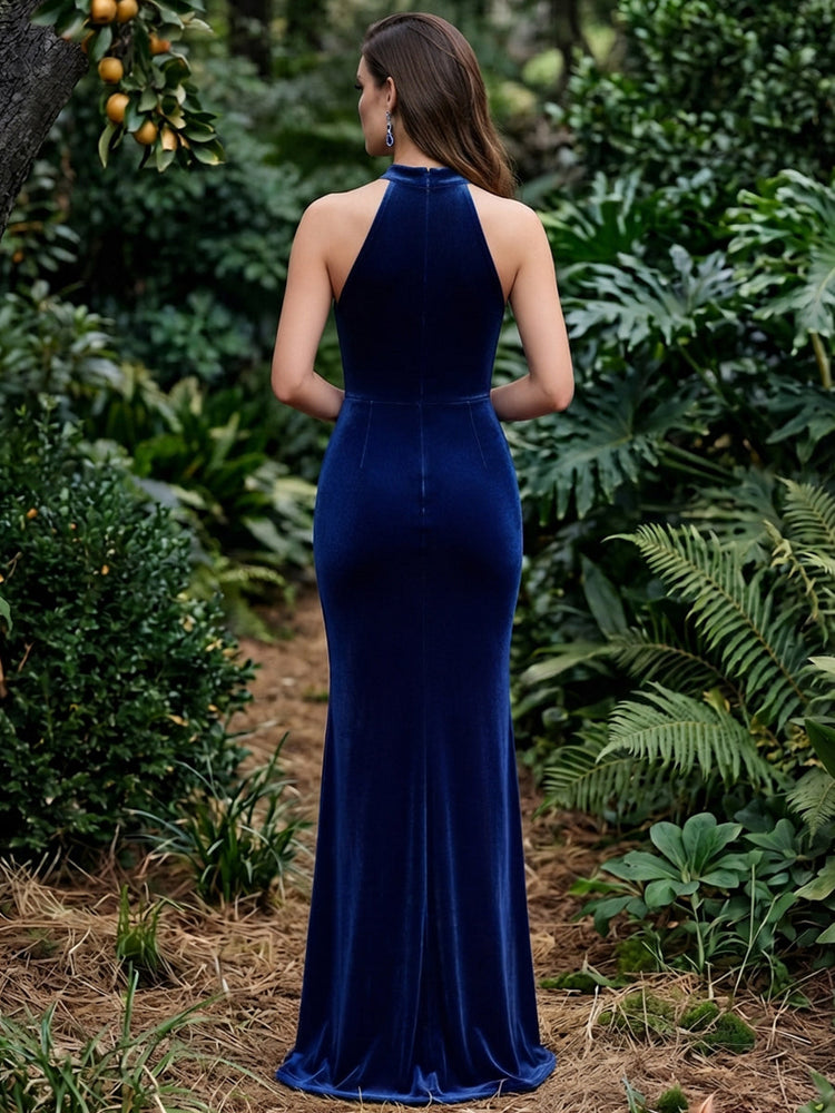 Velvet Sheath Halter Maxi Evening Dresses with Ruched