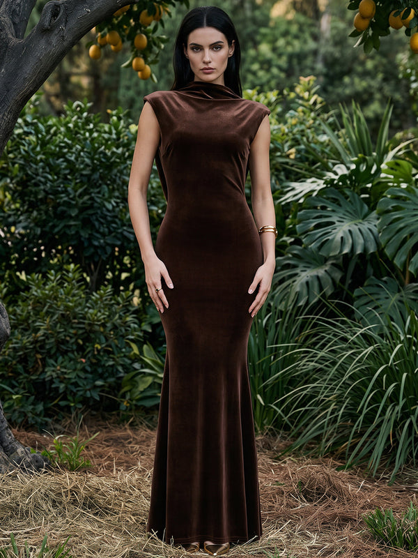 Velvet Mermaid High Neck Maxi Dresses Evening Dresses with Minimalist Sleek Silhouette