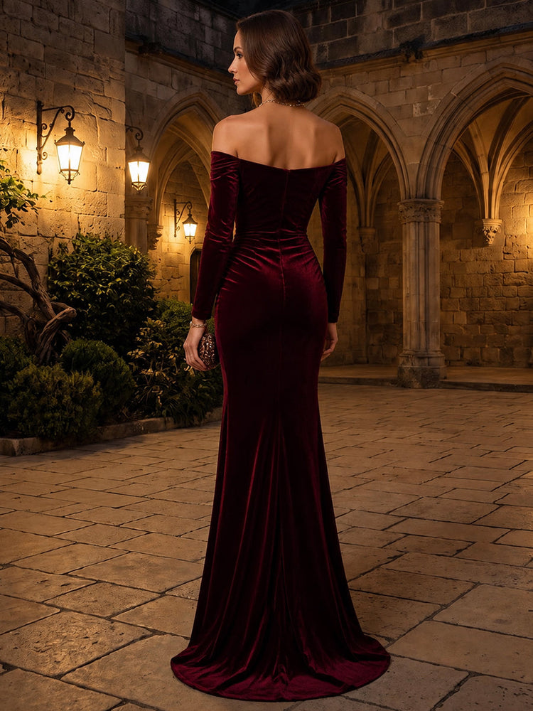 Velvet Mermaid Off Shoulder Maxi Dresses Evening Dresses with Side Slit