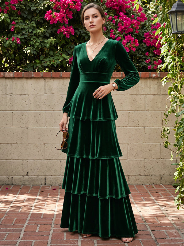 Velvet A-Line V Neck Maxi Dresses Evening Dresses with Ruffles