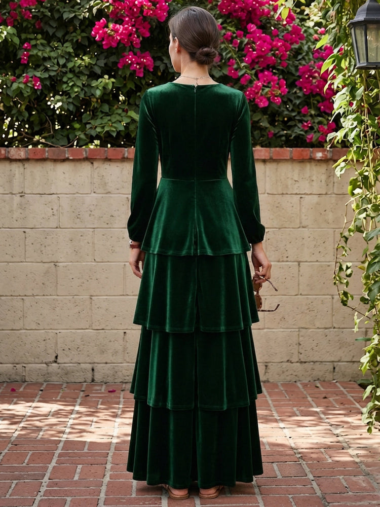 Velvet A-Line V Neck Maxi Dresses Evening Dresses with Ruffles