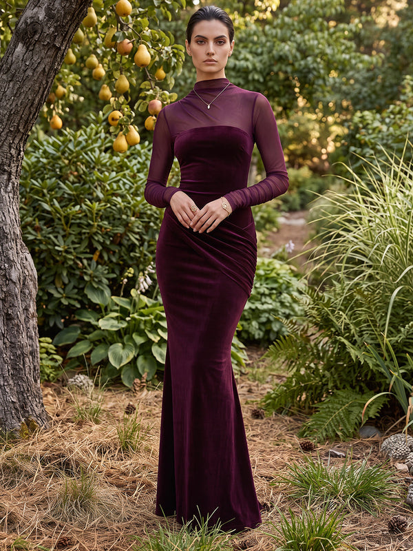 Velvet Mermaid High Neck Maxi Dresses Evening Dresses with Ruched