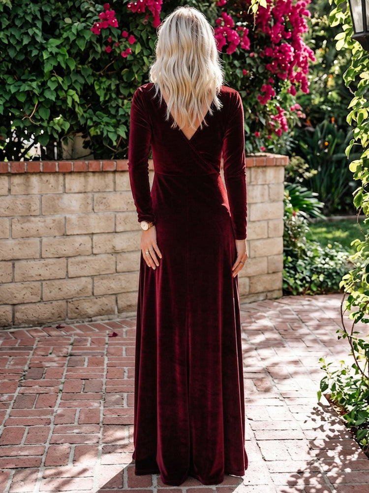 Velvet A-Line V Neck Maxi Dresses Evening Dresses with Side Slit