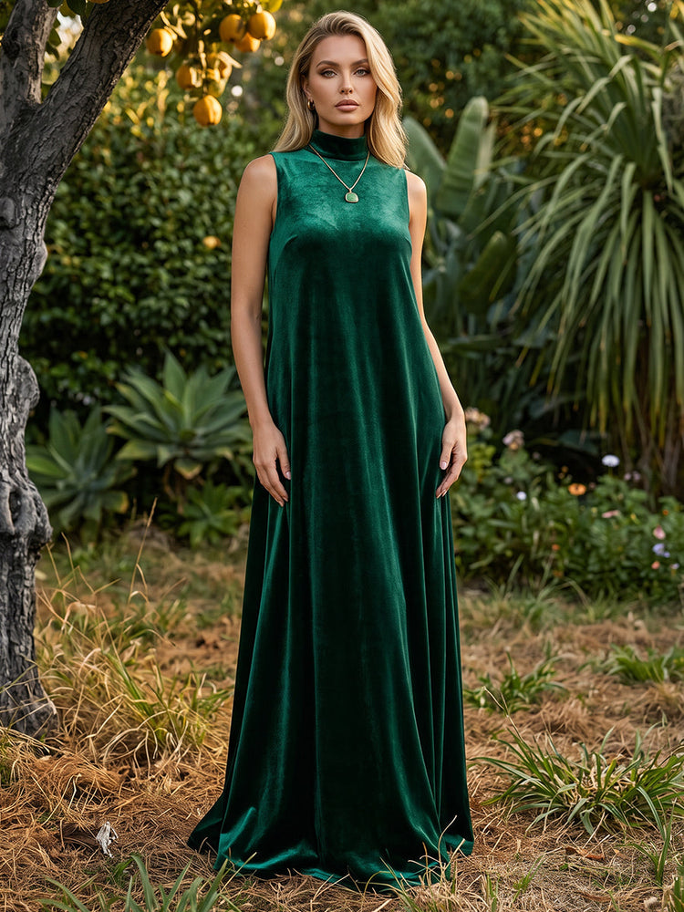 Velvet A-Line High Neck Maxi Dresses Evening Dresses with Full Soft Inner Lining