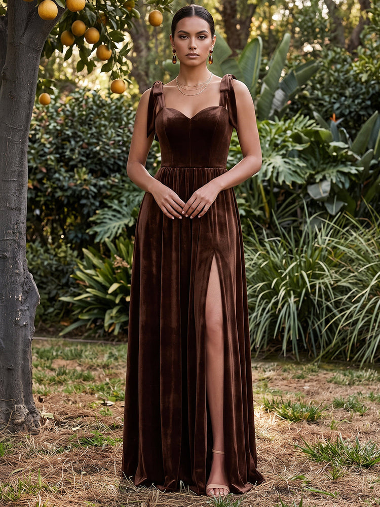 Velvet A-Line Sweetheart Maxi Dresses Evening Dresses with Side Slit