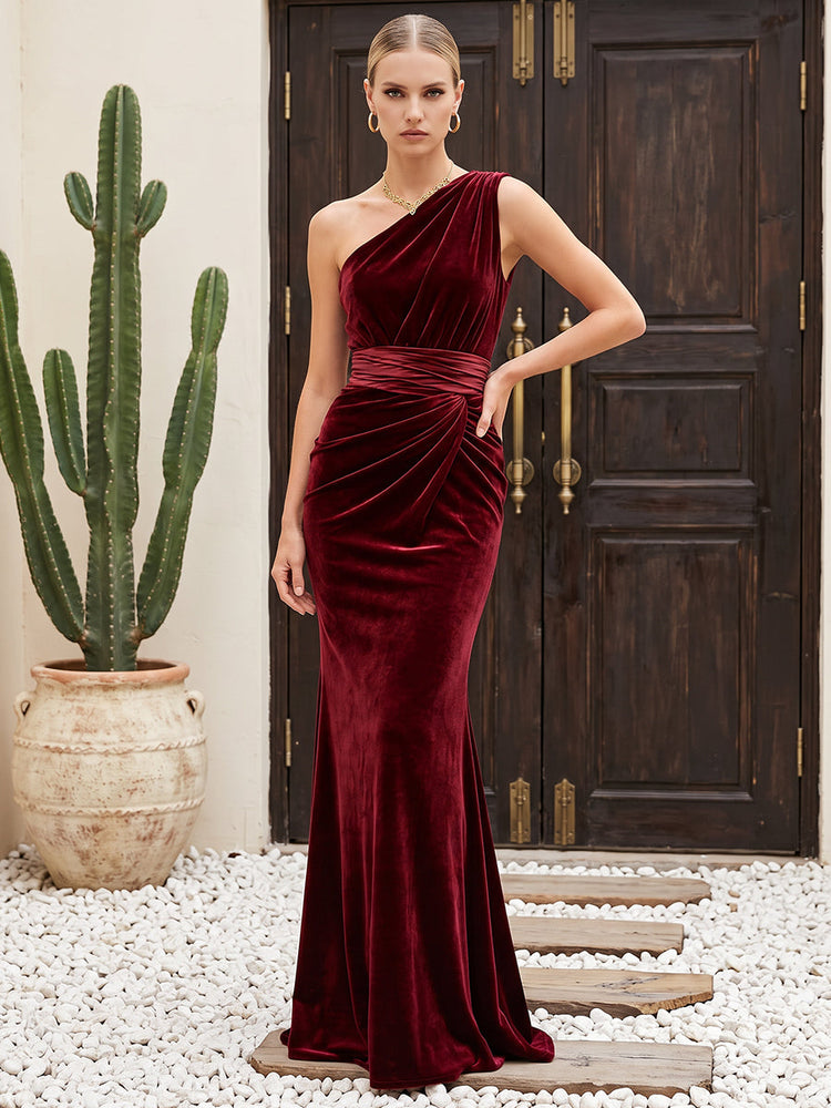 Velvet Mermaid One Shoulder Maxi Dresses Evening Dresses with Side Waist Ruched Shaping Detail