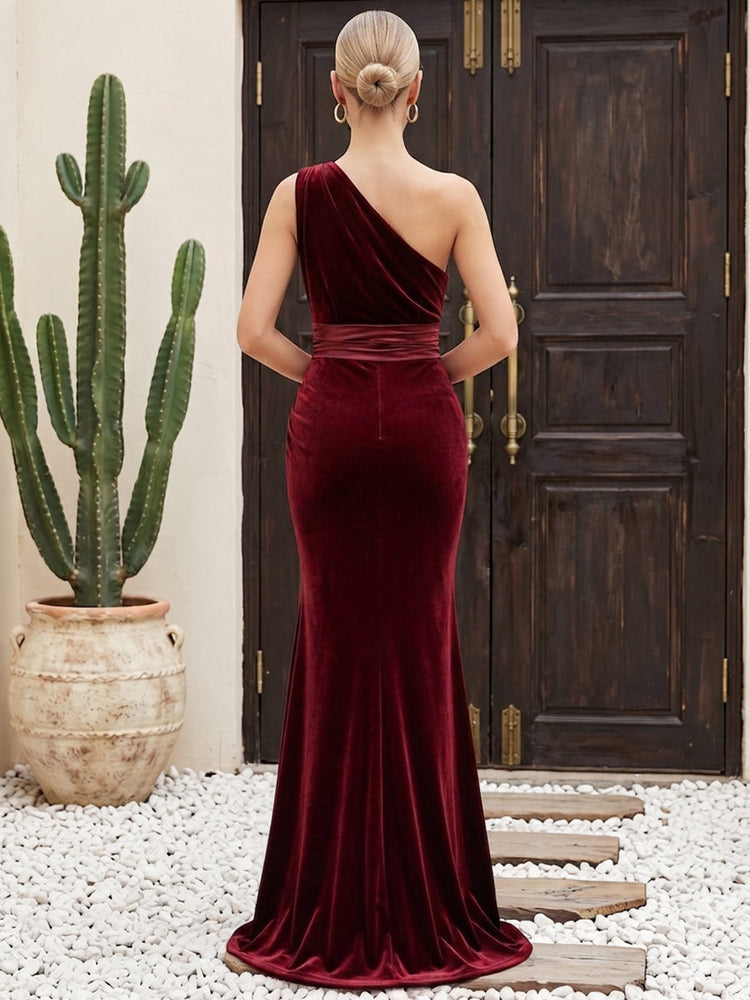 Velvet Mermaid One Shoulder Maxi Dresses Evening Dresses with Side Waist Ruched Shaping Detail