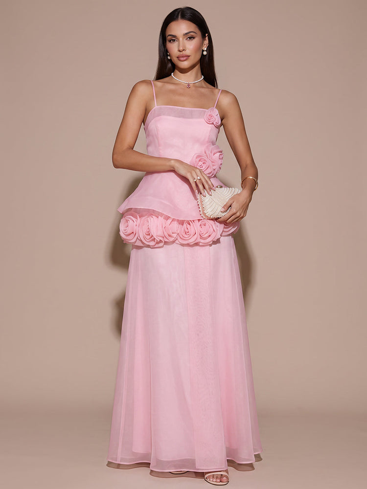 Mesh A-Line Spaghetti Straps Maxi Evening Dresses with 3D Flowers
