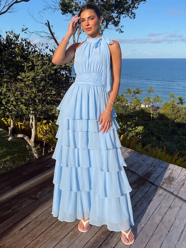 Chiffon A-Line Halter Maxi Evening Dresses with Side Bow鈥慣ie