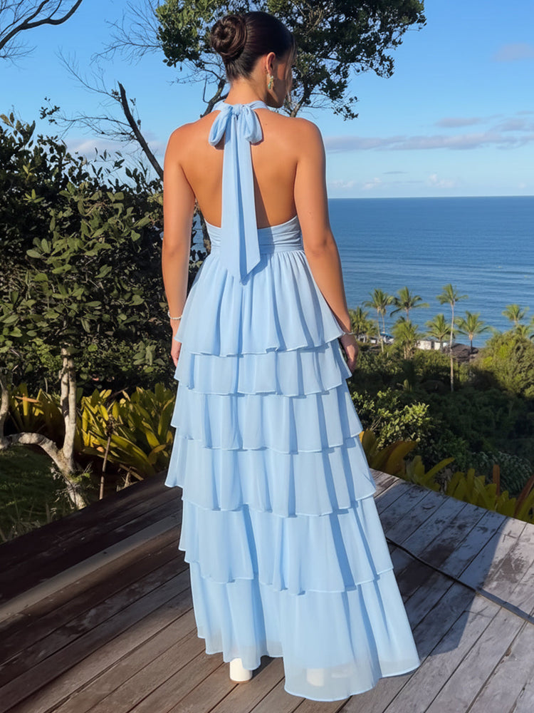 Chiffon A-Line Halter Maxi Evening Dresses with Side Bow鈥慣ie