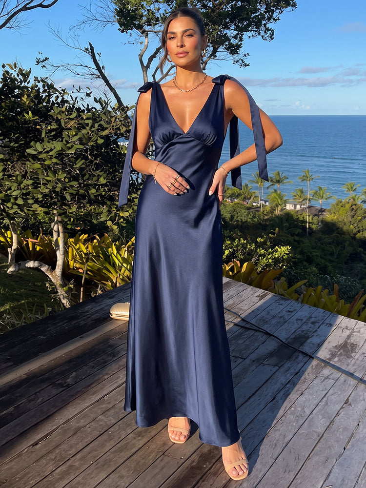 Satin A-Line V Neck Maxi Evening Dresses with Tie鈥態ow Straps