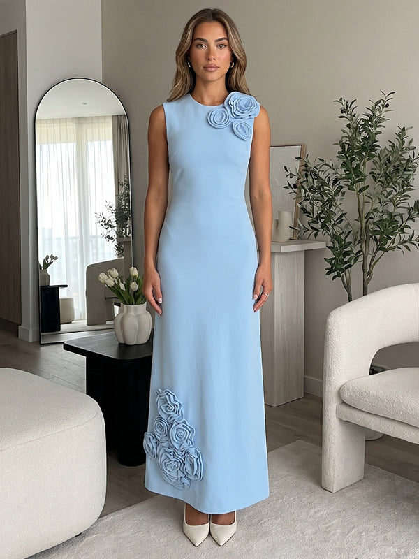 Jersey A-Line Crew Neck Maxi Evening Dresses with 3D Flowers