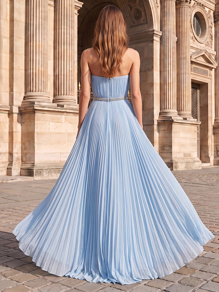 Chiffon A-Line Strapless Maxi Evening Dresses with Pleated