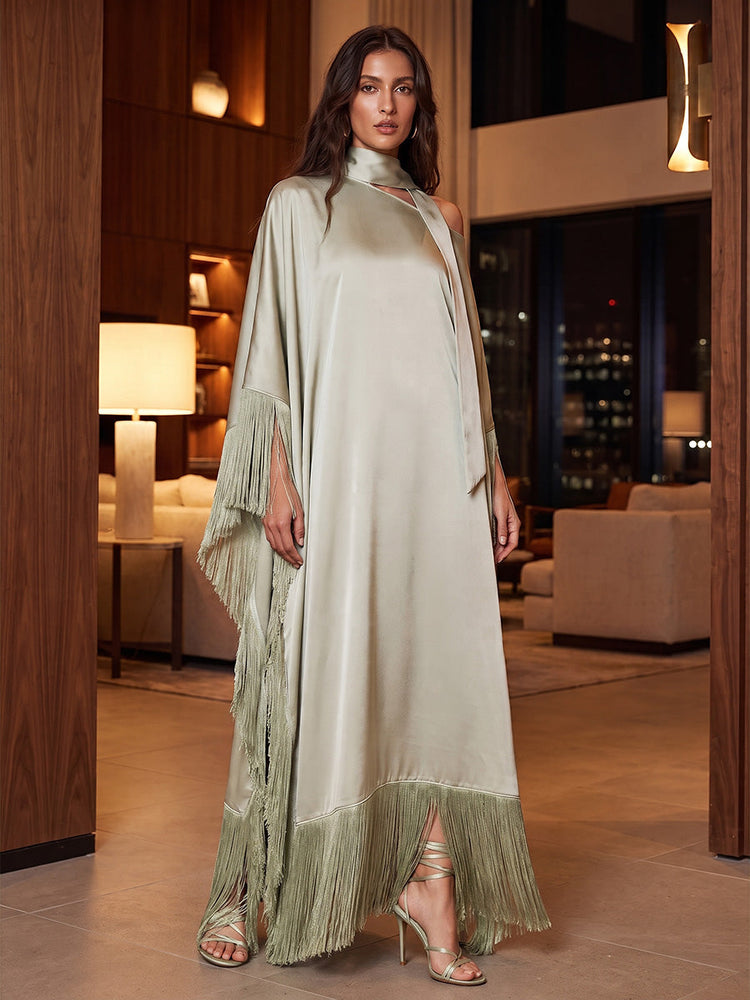 Satin A-Line Halter Maxi Evening Dresses with Fringe