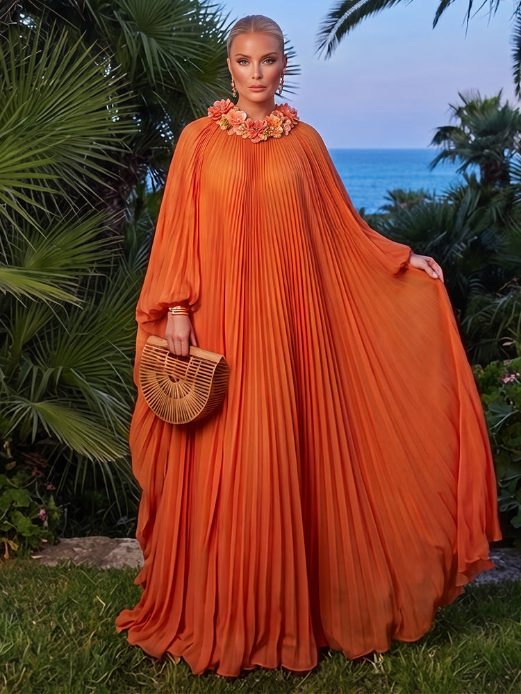 Chiffon A-Line Crew Neck Maxi Evening Dresses with Delicate Pleated