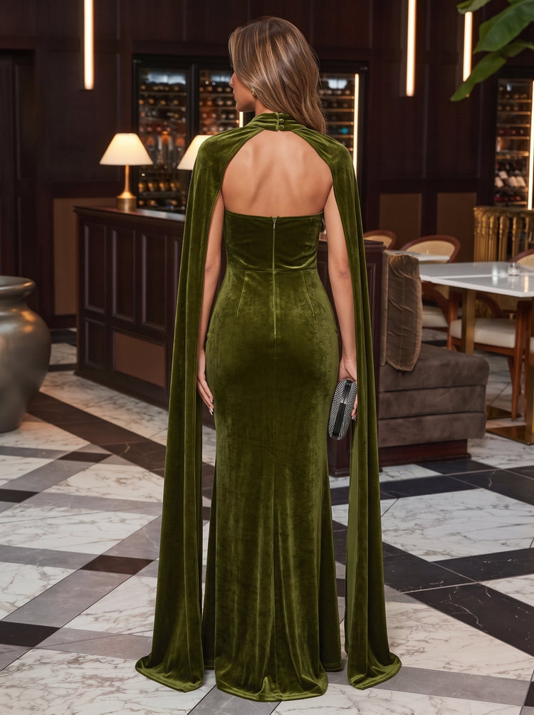 Velvet Mermaid Halter Maxi Evening Dresses with Draped Side Sash