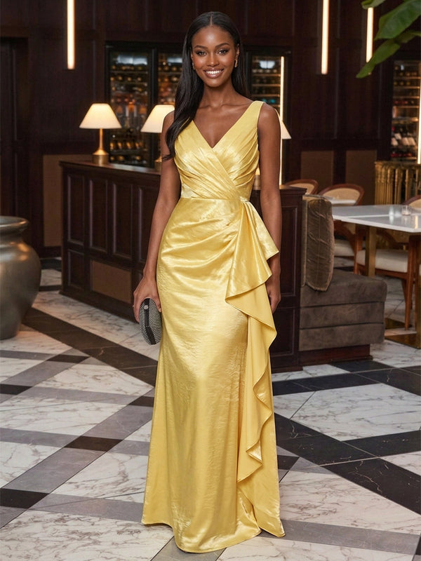 Satin A-Line V Neck Maxi Evening Dresses with Ruffles