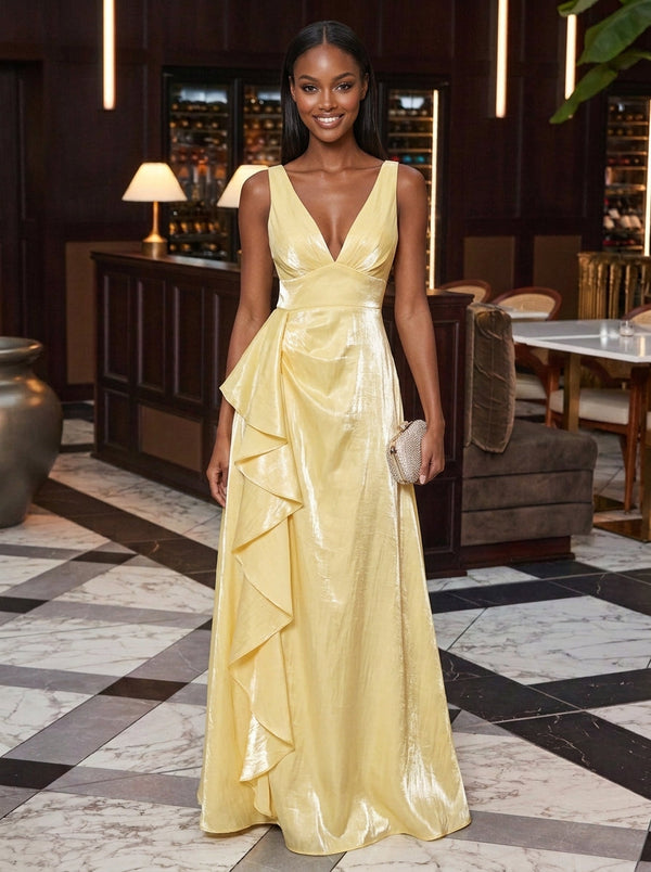 Shimmer Metallic Chiffon A-Line V Neck Maxi Evening Dresses with Ruffles