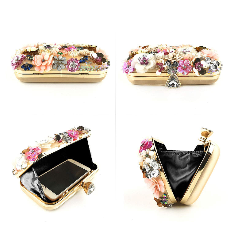 Women's Flower Beaded Chain Strap Evening Clutch Handbag