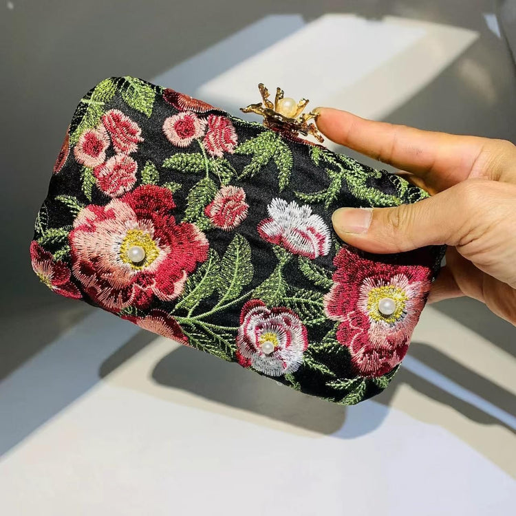 Vintage Pearl Floral Embroidered Clutch Purse Evening Handbag for Women