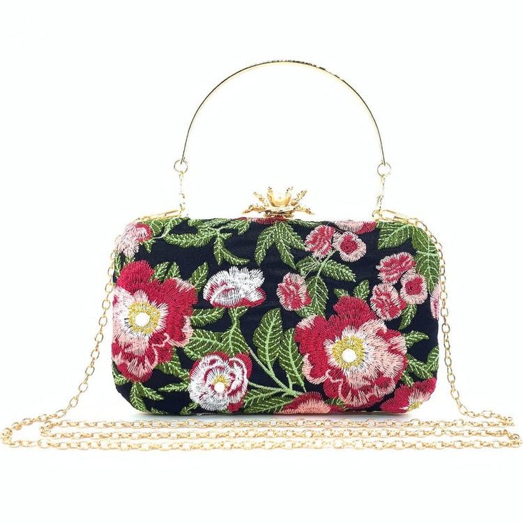 Vintage Pearl Floral Embroidered Clutch Purse Evening Handbag for Women