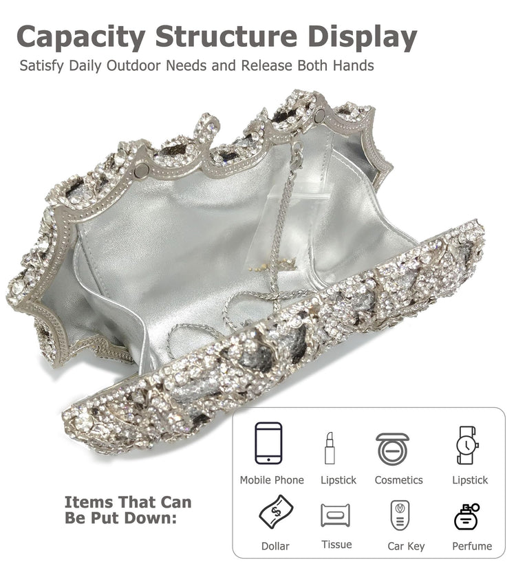 Women's Luxury Sparkly Crystal Rose Evening Clutch Handbag for Party