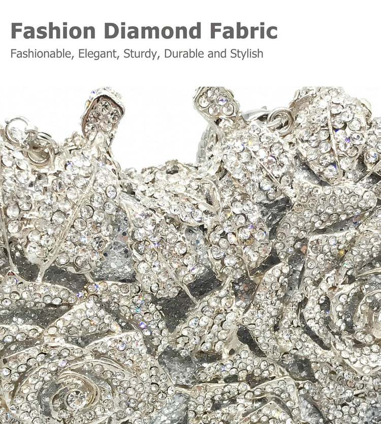 Women's Luxury Sparkly Crystal Rose Evening Clutch Handbag for Party