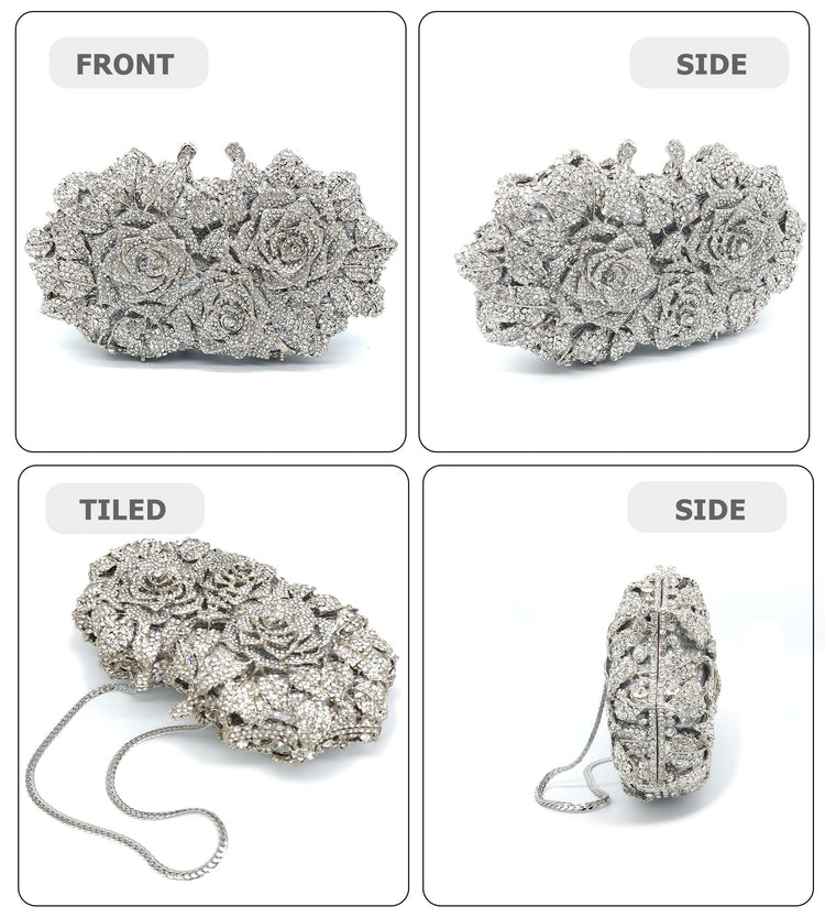 Women's Luxury Sparkly Crystal Rose Evening Clutch Handbag for Party