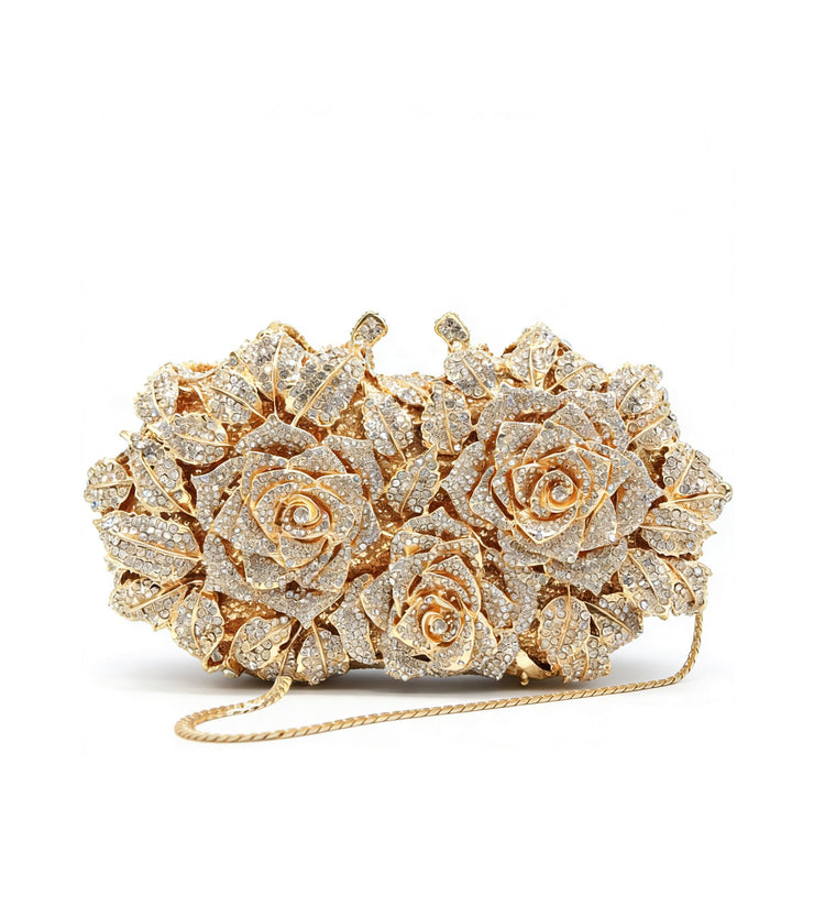 Women's Luxury Sparkly Crystal Rose Evening Clutch Handbag for Party