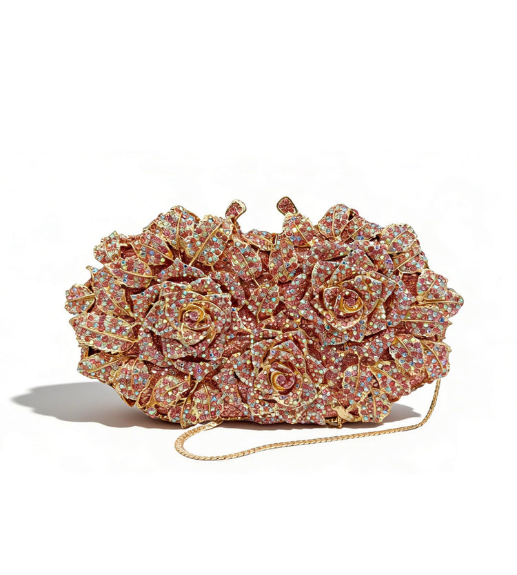 Women's Luxury Sparkly Crystal Rose Evening Clutch Handbag for Party