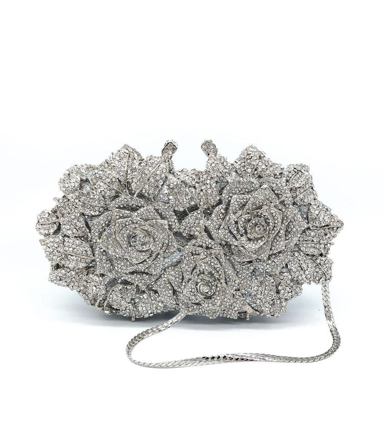 Women's Luxury Sparkly Crystal Rose Evening Clutch Handbag for Party