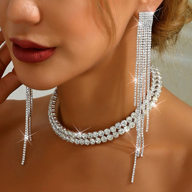 Sparkly Rhinestone Tassel Formal Costume Jewelry Set for Women and Brides