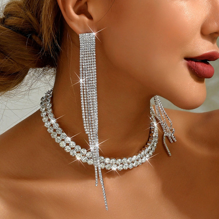 Sparkly Rhinestone Tassel Formal Costume Jewelry Set for Women and Brides