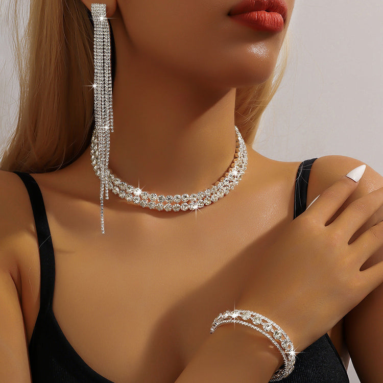 Sparkly Rhinestone Tassel Formal Costume Jewelry Set for Women and Brides