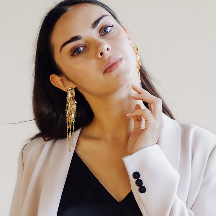 Elegant Gold Cluster Layer Leaf Long Tassel Dangle Drop Earrings for Women