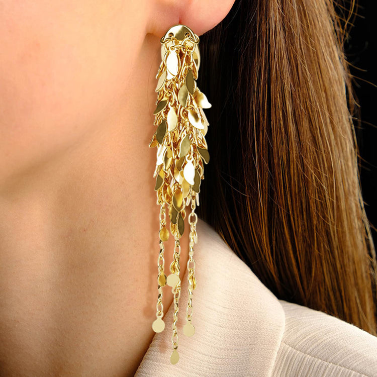 Elegant Gold Cluster Layer Leaf Long Tassel Dangle Drop Earrings for Women