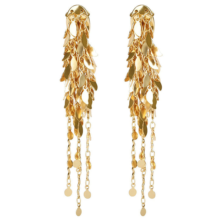 Elegant Gold Cluster Layer Leaf Long Tassel Dangle Drop Earrings for Women