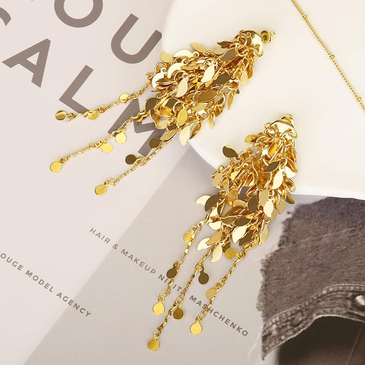 Elegant Gold Cluster Layer Leaf Long Tassel Dangle Drop Earrings for Women
