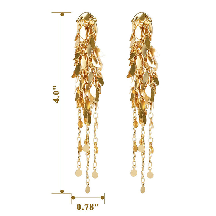 Elegant Gold Cluster Layer Leaf Long Tassel Dangle Drop Earrings for Women